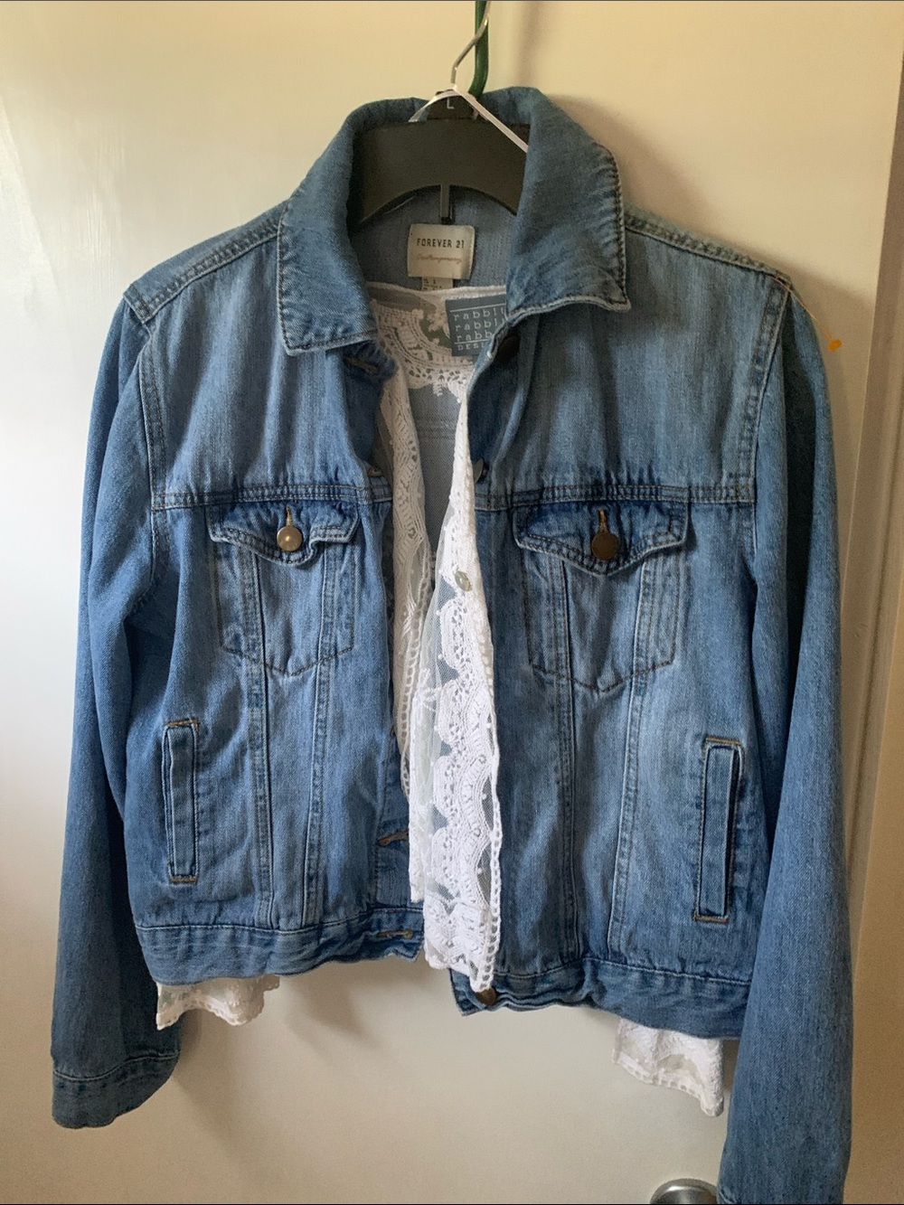 Forever 21 Light Blue Denim Bomber Jacket with White Lace Trim